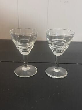 Vintage Cordial Liqueur Glasses Set of 2 Clear Stacked Ring Stem Unmarked 3.5”